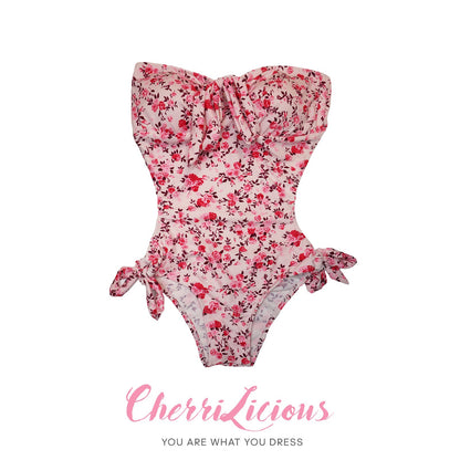 One Piece Swimwear 粉紅碎花縛帶連體泳裝 Cherrilicious